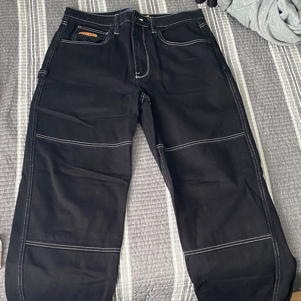 Empyre Black Denim Pants with White Stitching.